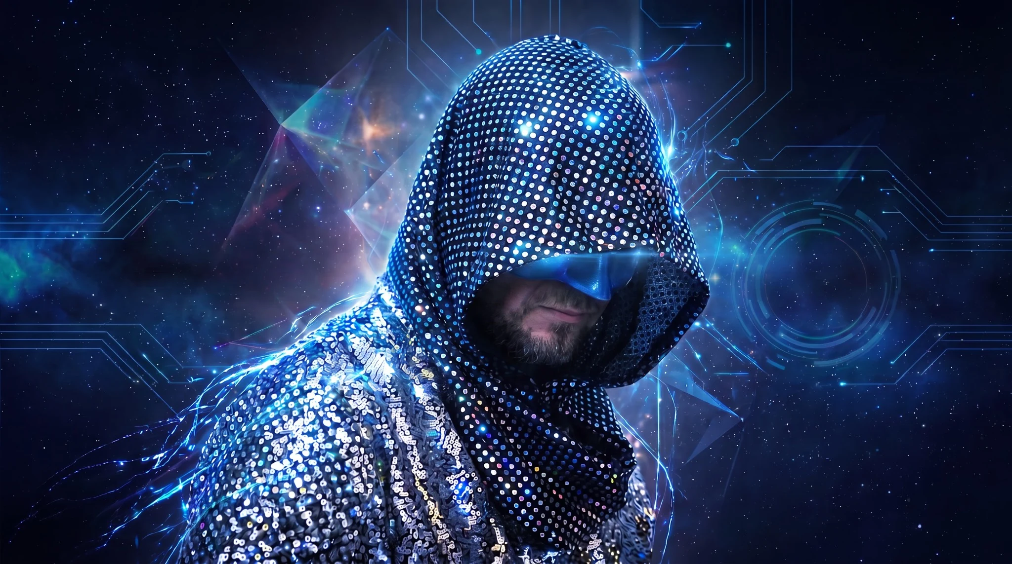 Aurealis wearing a rhinestone hood and metallic-blue mask in a luminous cosmic circuit world